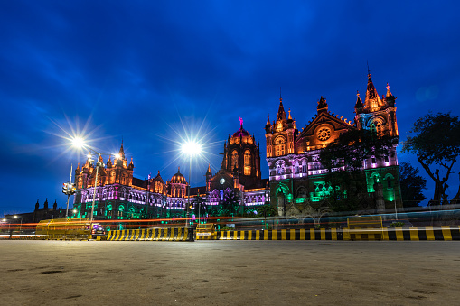 The iconic CST train station in Mumbai well lit on 15 august, the Independence day of India