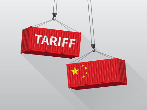 Port crane lift cargo containers with China tariff trade war concept.