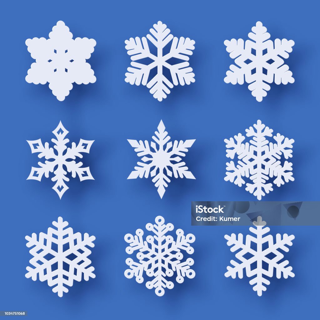 Vector set 9 de recortes de papel copos de nieve con sombra - arte vectorial de Copo de nieve libre de derechos