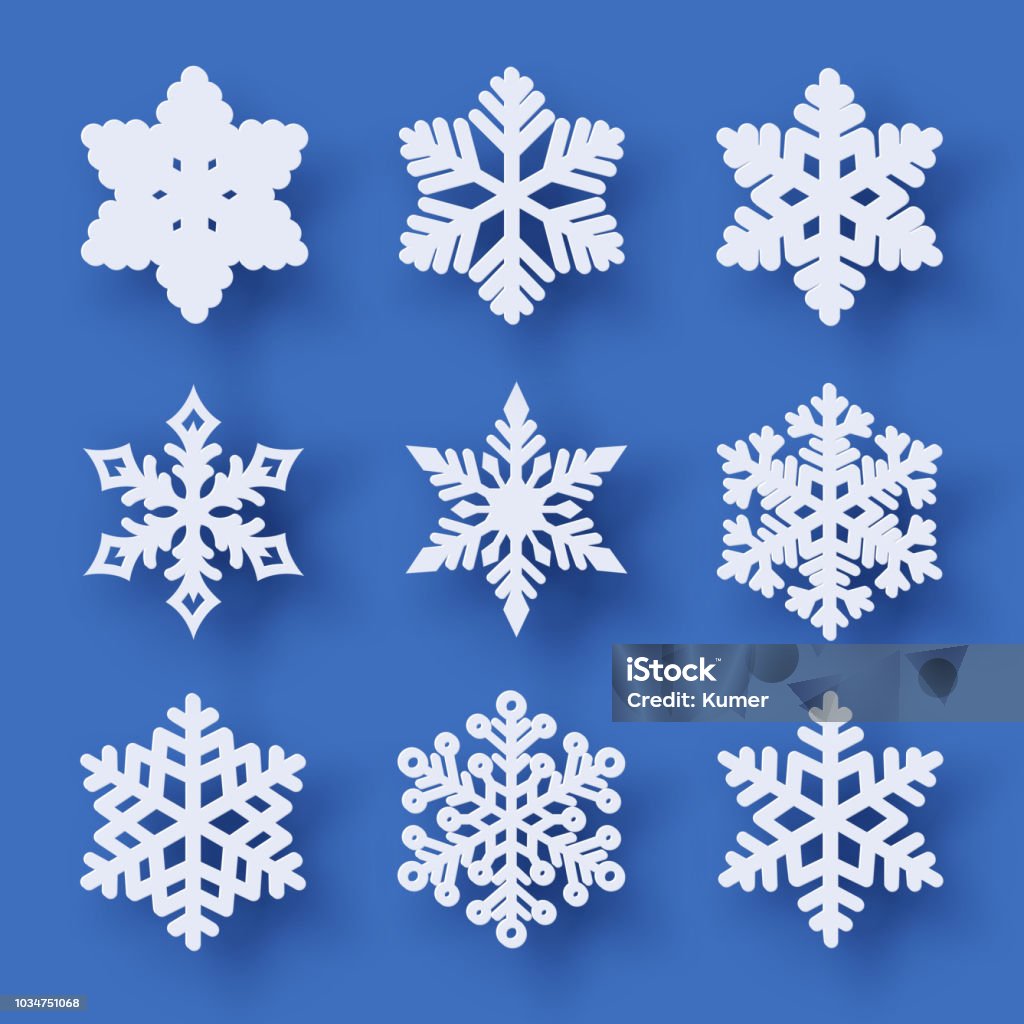 Vector set of 9 paper cut snowflakes with shadow Vector set of 9 white Christmas paper cut snowflakes with shadow on blue background. New year and Christmas design elements Snowflake Shape stock vector