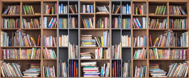 prateleiras de livros ampla com efeito embaçado na capa do livro - bookstore library book bookshelf - fotografias e filmes do acervo