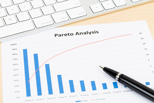 Pareto principle business analysis planning with pen, and keyboard