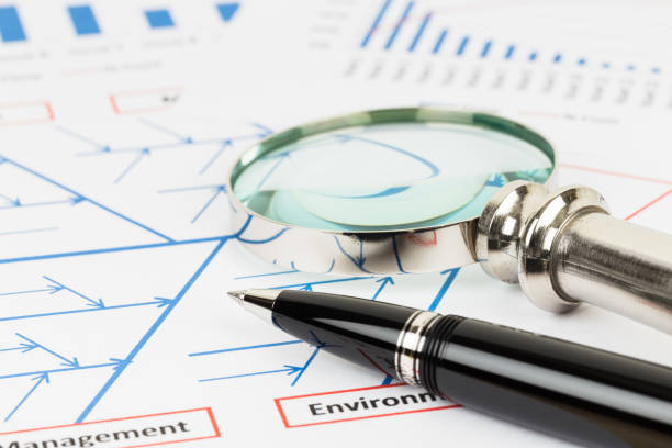 resolução de problemas usando o diagrama de causa e efeito ou espinha de peixe com caneta e lente de aumento - plant root system - fotografias e filmes do acervo