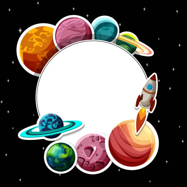 Vector illustration of Round frame with planets on black background.