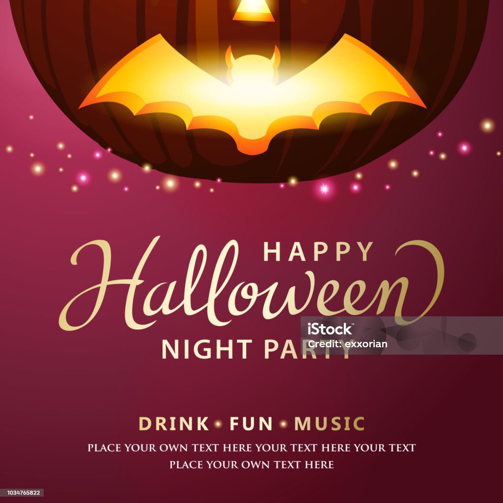 Halloween Party Glowing Bat An invitation for the Halloween night party with glowing bat crafted on pumpkin and sparkle lights background Flyer - Leaflet stock vector