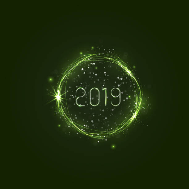 istock Happy New Year 2019 background.Vector illustration for holiday design.Party poster.Greeting card,banner or invitation template.Abstract burning circles with glitter swirl trail effect background.Glowing lights 1034768128