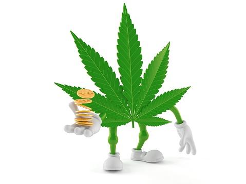 Cannabis character with stack of coins isolated on white background. 3d illustration