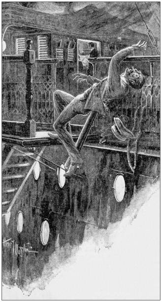 istock Antique painting illustration: Man falling into water from ship 1034772138