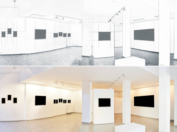 istock Project sketch for a exhibition gallery and the realisation 1034776252