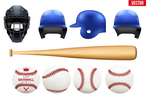 Big set of baseball equipment. Batter and catcher helmets. Bat and balls. Sport Vector Illustration isolated on white background