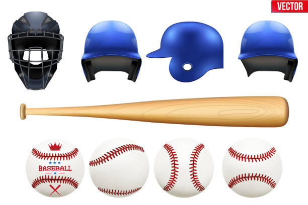 Big set of baseball equipment Big set of baseball equipment. Batter and catcher helmets. Bat and balls. Sport Vector Illustration isolated on white background baseball helmet stock illustrations