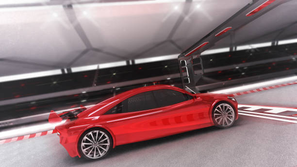 istock red sport car rides through finish side view 1034779664