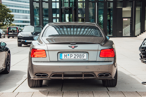 A rear view of a Bentley Flying Spur parked in Düsseldorf, Germany