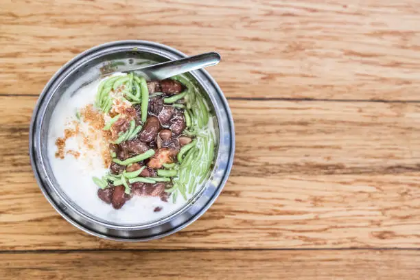 Refreshing chendol with large red beans and santan, Malaysian favorite dessert