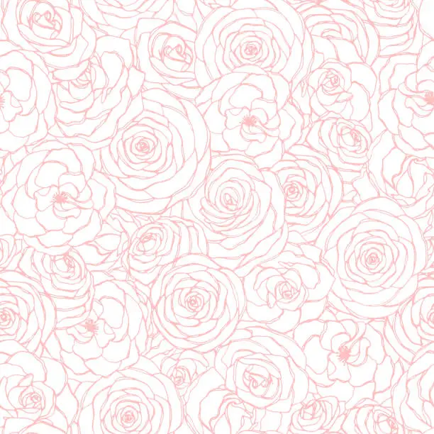 Vector illustration of Vector seamless pattern with rose flowers pink outline on the white background. Hand drawn floral repeat ornament of blossoms in sketch style. Usable for wrapping paper, covers, textile, etc.