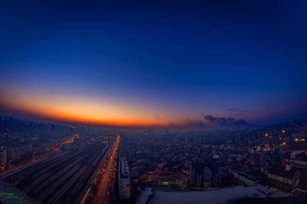 Sunrise over the city view from above with a scenic panorama stock photo