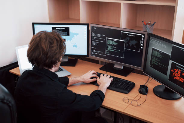 istock The young dangerous hacker breaks down government services by downloading sensitive data and activating viruses. A man uses a laptop computer with many monitors 1034843746