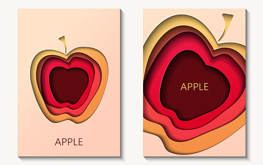 Two cards in paper cut style with apple, minimal template design. Abstract paper waves, layers, 3d art.