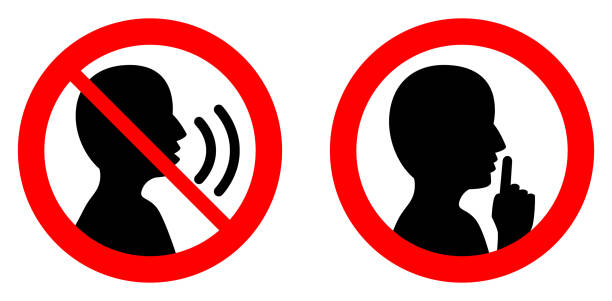 ilustrações, clipart, desenhos animados e ícones de manter silencioso / silent inscreva-se. cruzados pessoa falar / ícone shhh em círculo. - sign symbol no forbidden