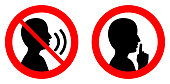 istock Keep quiet / silent please sign. Crossed person talking / Shhh icon in circle. 1034862302