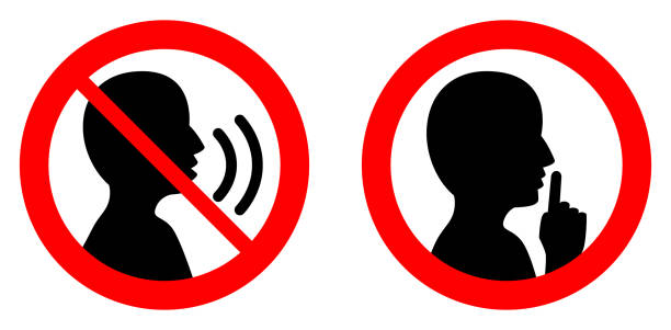 Keep quiet / silent please sign. Crossed person talking / Shhh icon in circle. Keep quiet / silent please sign. Crossed person talking / Shhh icon in circle. silence stock illustrations