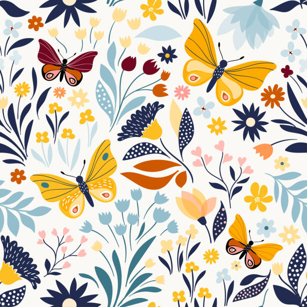 Floral seamless pattern Seamless pattern with floral design, hand drawn elements, vector design butterfly insect stock illustrations