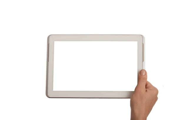 istock female hand holding a white tablet frame on white background 1034870330