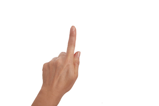 female finger pointing up isolated on white background