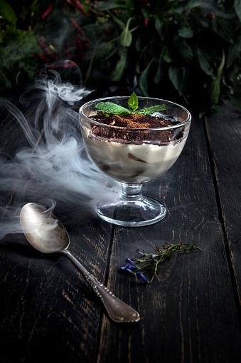 Homemade dessert Tiramisu in glasses with mint