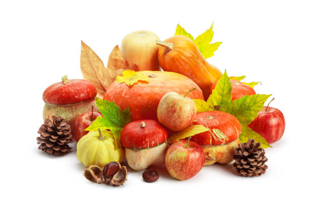 istock Autumn display with pumpkin and leaves isolated on white background 1034879780