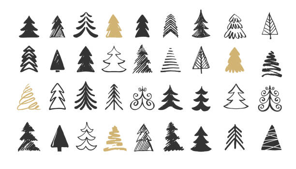 ilustrações, clipart, desenhos animados e ícones de mão-extraídas ícones de árvore de natal. rabiscos e esboços - christmas tree christmas tree holiday