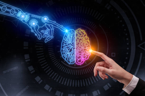 Artificial intelligence and future concept Hand pointing at glowing digital brain. Artificial intelligence and future concept. 3D Rendering ai stock pictures, royalty-free photos & images