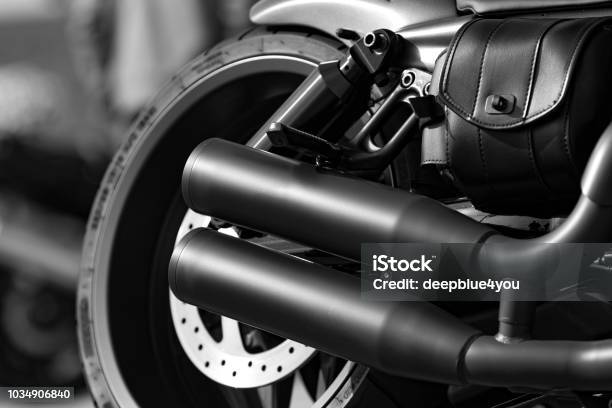 Motorcycle Tire And Exhaust Stock Photo - Download Image Now - Motorcycle, Exhaust Pipe, Close-up