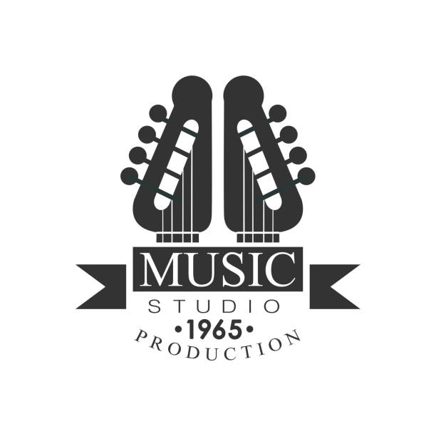 Music Record Studio Black And White Logo Template With Sound Recording Retro Guitar Pins Music Record Studio Black And White Logo Template With Sound Recording Retro Guitar Pins. Musical Producing Label Vintage Monochrome Emblem With Text Vector Illustration. guitar borders stock illustrations