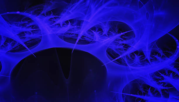 bellissimo sfondo blu di particelle e linee incandescenti con profondità di campo e bokeh. illustrazione 3d, rendering 3d - nanotechnology fractal science mathematics foto e immagini stock