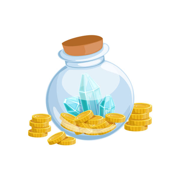 ilustraciones, imágenes clip art, dibujos animados e iconos de stock de sellar el tarro de cristal con monedas de oro y gemas de cristal azul, tesoros escondidos y las riquezas de recompensa en flash vinieron variación de diseño - jar coin currency airtight