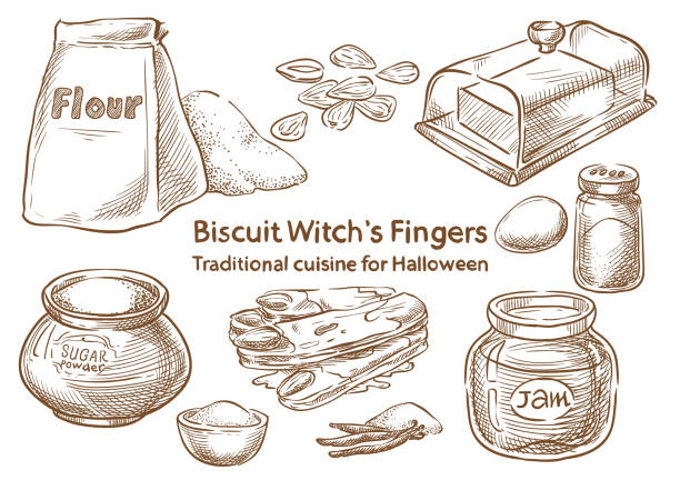 ilustrações de stock, clip art, desenhos animados e ícones de traditional halloween food. biscuit witch`s finger - witchs