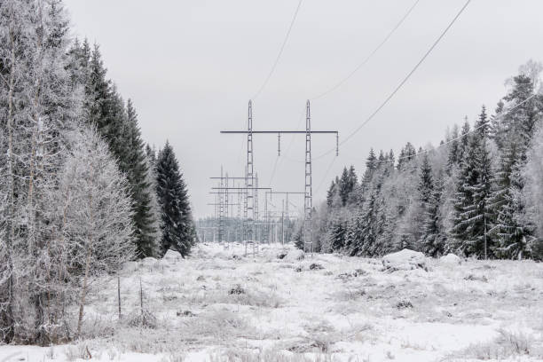 Power lines for high voltage electricity in winter time stock photo