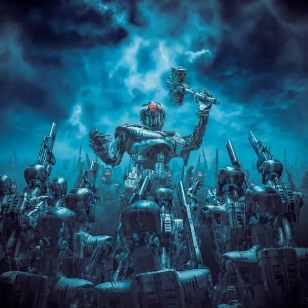 3D illustration of science fiction scene with robot general holding battle hammer rallying his android troops under a stormy dark sky
