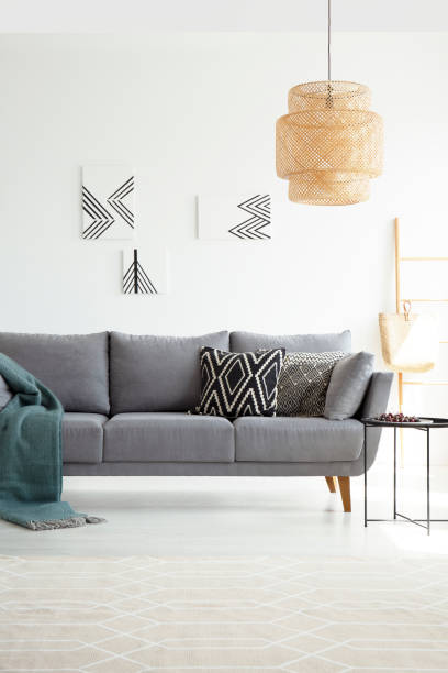 istock Lamp above grey sofa with pillows and green blanket in white flat interior with posters. Real photo 1034920450