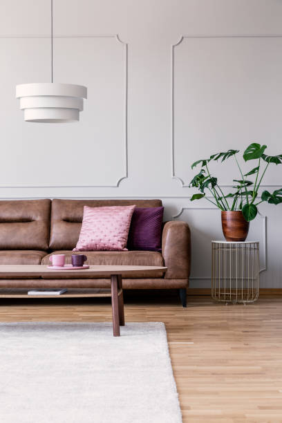 istock Plant on table next to leather sofa with cushions in bright flat interior with table under lamp. Real photo 1034939738