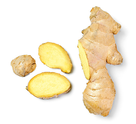 Close up shot of ginger, healthy eating scene and white background. Top view.