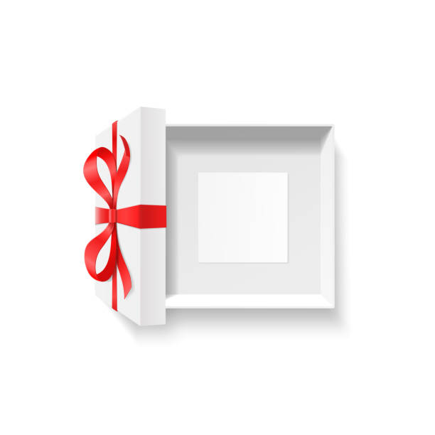 пустая открытая подарочная коробка, красный цветной узел лука, лента с пустой фоторамой, поздравительная открытка внутри изолированы на бе - valentines day gift white background gift box stock illustrations