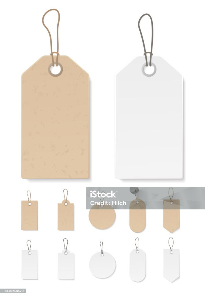 Set of blank gift box tags or sale shopping labels with rope. White paper and brown craft realistic material. Empty organic style stickers. Vector. - Royalty-free Etiqueta - Mensagem arte vetorial