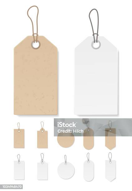 Set Of Blank Gift Box Tags Or Sale Shopping Labels With Rope White Paper And Brown Craft Realistic Material Empty Organic Style Stickers Vector - Arte vetorial de stock e mais imagens de Etiqueta - Mensagem