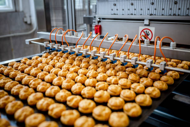istock Profitrols on a conveyor belt at a bakery plant 1034951518