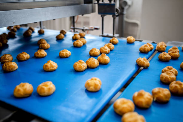 istock Profitrols on a conveyor belt at a bakery plant 1034951862