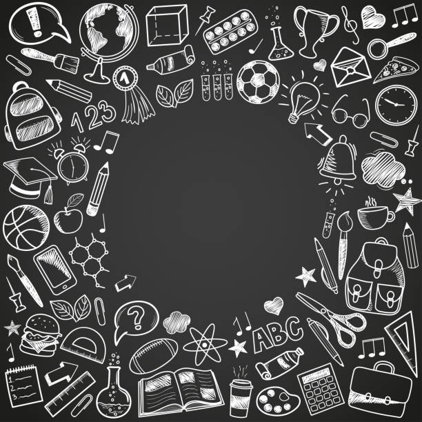 illustrazioni stock, clip art, cartoni animati e icone di tendenza di torna a scuola doodles - gessetto da lavagna