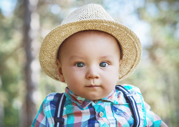 Beautiful baby boy, outdoors, outside. Portrait of cute child wearing hat