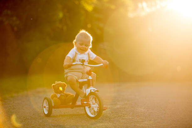 istock Cute toddler child, boy, playing with tricycle in backyard on sunset 1034977452